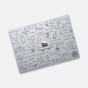 May include: A white laptop with a gray screen covered in handwritten mathematical equations, chemical formulas, and scientific diagrams. The equations include algebra, calculus, and trigonometry. The diagrams include a DNA strand, a cell, and a molecule.