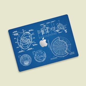 May include: A blue blueprint design featuring a white Apple logo and various technical drawings of a spacecraft, a sphere, and a grid pattern. The text "Maximum speed for atmospheric entry: 24.3 km/s" is included.