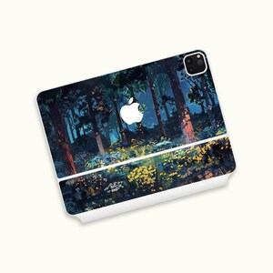 May include: A white phone case with a dark blue and green forest scene. The case has a white Apple logo in the center.