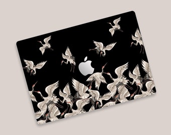 Diseño elegante de corona roja para MacBook Air, estilo zen japonés, diseño de grullas Sakura en vuelo, calcomanía para MacBook Pro, arte cultural japonés