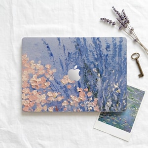 Impressionistic Pink Floral & Blue Background MacBook Skin | Artistic Texture MacBook Protective Cover | Oil Painting Texture MacBook Decal