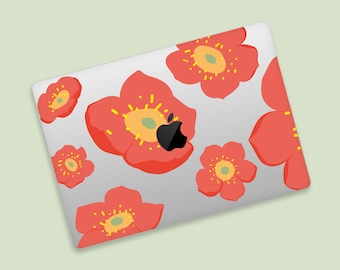 Modern Floral Pattern MacBook Transparent Skin | Springtime Blossom Design MacBook Decal | Transparent MacBook Wrap with Red Blossoms