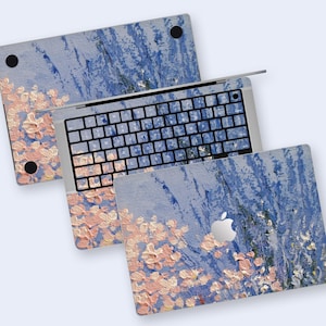 Pink Floral and Blue Background MacBook Air Skin | Artistic Floral Design MacBook Pro Skin | Romantic Pink Petals Art Skin MacBook Decal