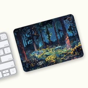 May include: A digital illustration of a dark forest at night with tall trees and a field of glowing flowers in the foreground.