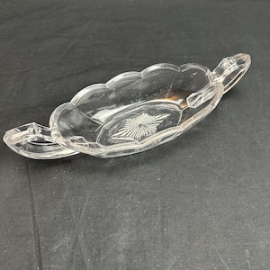 Vintage Etched Clear Glass Relish Serving Dish Ruffled Edge Double Handle 10 inches Free Shipping