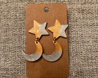 Silver and Gold dangle star and moon earrings