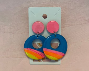 80's hot pink and rainbow dangle earrings