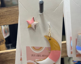 Asymmetrical Moon and Star earrings- pink