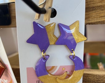 Purple and gold star and moon dangle earrings