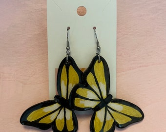 Large yellow Butterfly dangle earrings