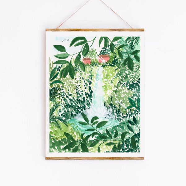 Peaceful Waterfall Art Print, Lush Botanical Leaves and Trees Greenery Landscape Watercolor, Zen Peaceful Natural, Sabina Fenn Illustration