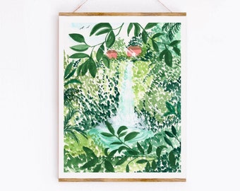 Peaceful Waterfall Art Print, Lush Botanical Leaves and Trees Greenery Landscape Watercolor, Zen Peaceful Natural, Sabina Fenn Illustration