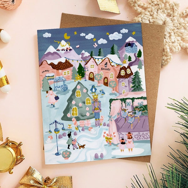 Printable Christmas Card, Fairy Holiday Village, Print at Home Greeting Cards, Xmas Downloads, Holiday Art