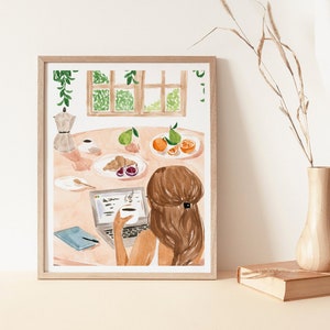 May include: A watercolor painting of a woman sitting at a table with a laptop, a cup of coffee, and a plate of fruit. The woman has long brown hair and is wearing a white shirt. The table is covered with a light pink tablecloth. There is a window in the background with green trees outside.