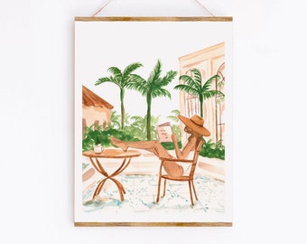 Vacation Mode Art Print: Woman Reading by Palm Trees, Sabina Fenn Watercolor