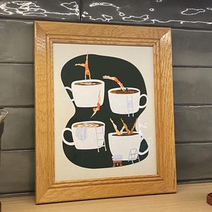 Lámina decorativa retro para la pared de la cocina: Nadadores en tazas de café