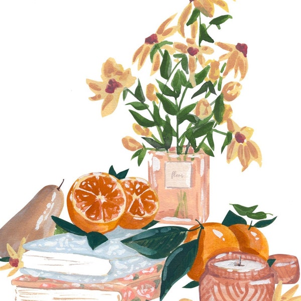 Still Life Print, Watercolor Painting, Kitchen Wall art, Oranges Wall Art, Kitchen Print, Watercolor Arrangement Painting, Floral Artwork