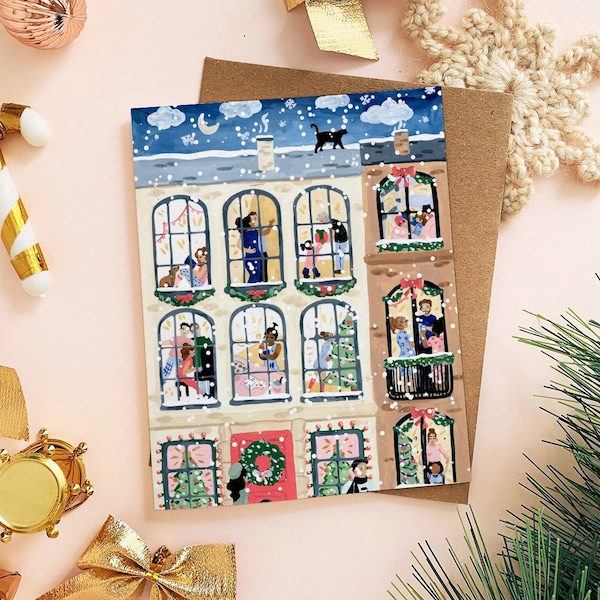 Printable Christmas Card, Apartment Windows, Print at Home Greeting Cards, Xmas Downloads, Holiday Art, New York