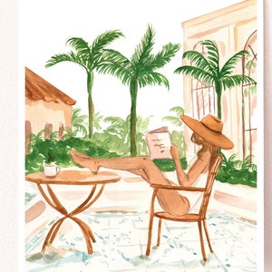 Printable Vacation Mode II Art Print, Watercolour Resort Fashion Painting Palm Trees Vacay, Woman Reading Boho Bohemian Art