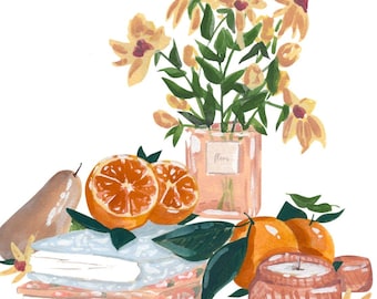 Still Life Print, Watercolor Painting, Kitchen Wall art, Oranges Wall Art, Kitchen Print, Watercolor Arrangement Painting, Floral Artwork