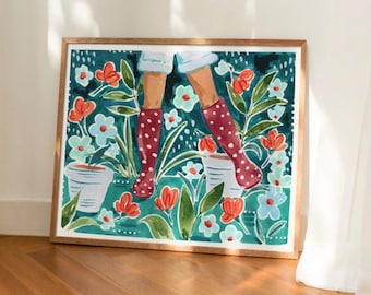 Rain Boots Art Print, Rainy Day Art, Blue and Turquoise Wall Art, Garden and Flowers, Gardening Wall Art, Polka Dot Boots, Sabina Fenn
