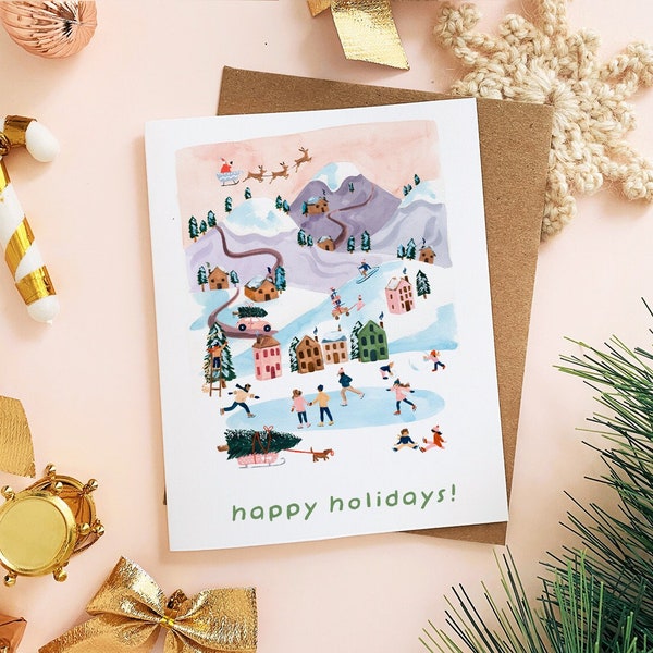 Printable Holiday Card, Christmas Village, Print at Home Greeting Cards, Xmas Downloads, Holiday Art, Happy Holidays