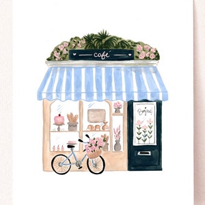 PRINTABLE Parisian Cafe Art Print, French Bakery Watercolor Painting Europe Travel, Quaint Coffee Shop Bicycle and Flowers, Sabina Fenn