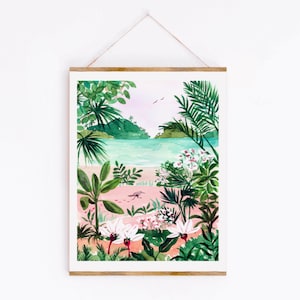 Beach Art Print, Tropical Ocean Botanical Illustration, Lush Watercolor Painting, Bird and Trees Landscape, Seaside Wall Art, Bathroom Art image 4