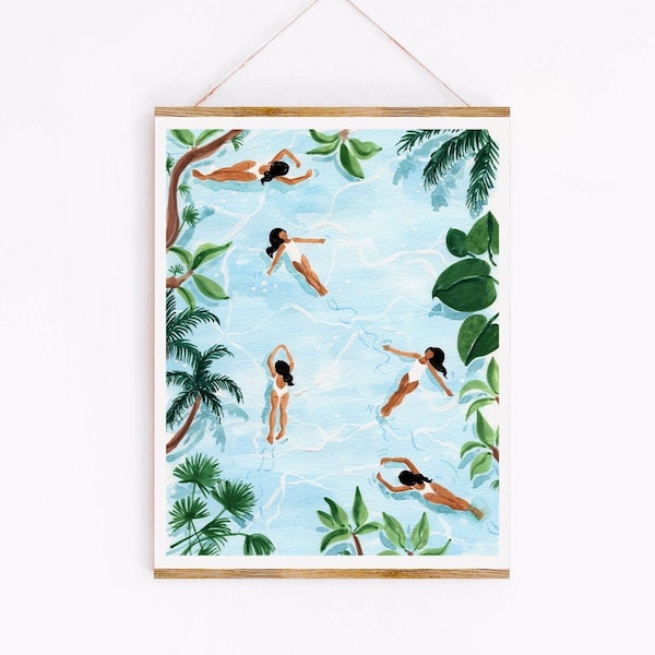 Ocean Dream Art Print Sabina Fenn Illustration - Tropical Gouache Painting Wall Decor - Botanical Birds Eye Women Swimming in the Sea Leaves