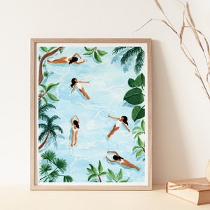 May include: A watercolor painting of five women swimming in a pool surrounded by tropical plants. The women are wearing white swimsuits and have dark hair. The water is a light blue color and the plants are green.