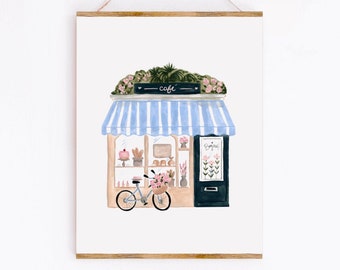Pariser Cafe Kunstdruck, französische Bäckerei Aquarell Europa Reise, malerisches Café Fahrrad und Blumen, Sabina Fenn Illustration