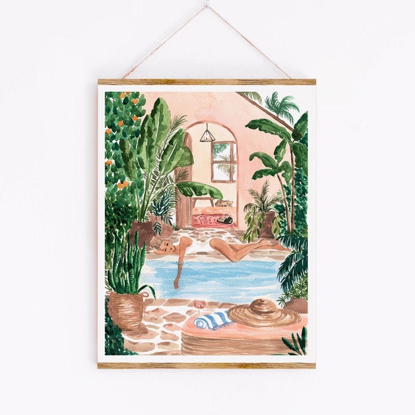 Poolside Siesta II Fine Art Print - Sabina Fenn Illustration - Summer Inspired Tropical Artwork Wall Decor - woman by the pool plants