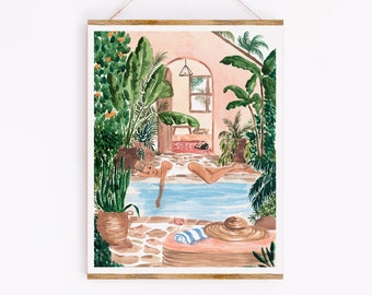 Poolside Siesta II Fine Art Print - Sabina Fenn Illustration - Summer Inspired Tropical Artwork Wall Decor - femme au bord de la piscine plantes