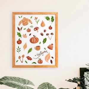 Impresión artística de acuarela otoñal: hojas de otoño, café y calabazas