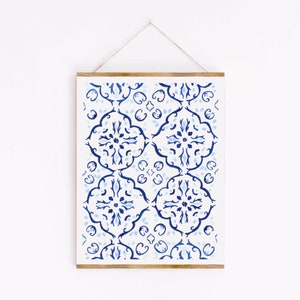 Portugisische Fliesen Kunstdruck, Muster blau Aquarell Kunst, Handbemalt Boho Mediterran Stil, Sabina Fenn Illustration