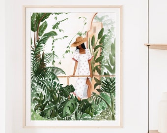 Botanical Art Print, Woman and Plants, Moroccan Wall Art, Botanical Tropical Prints, Bedroom Print, Living Room Decor, Greenery Wall Art