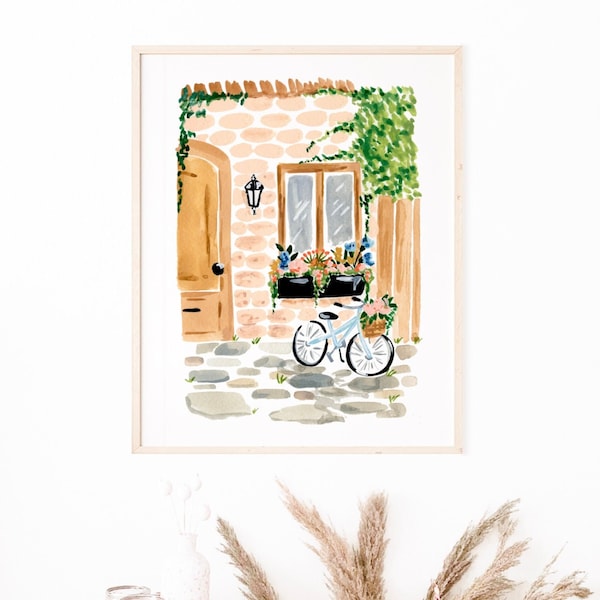 Cute House Print, Summer Chic Wall Art, Bicycle and Flowers, Kitchen Wall Art, Bedroom Wall Art, Home Office Print, Parisian House Print