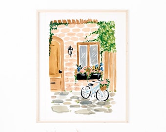 Haus Druck, Sommer Chic Wandkunst, Fahrrad und Blumen, Küchen Wandkunst, Schlafzimmer Wandkunst, Home Office Druck, Pariser Haus Druck