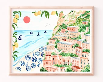 Positano Art Print / Italy Watercolor Print / Travel Wall Art Office Living Room Bedroom / Nautical Beach / Umbrellas Positano / Sabina Fenn