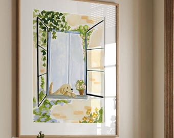 Dog in the window art print, Golden Retriever painting, Yellow Lab Prints, Dog lover gifts