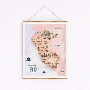 Peru Karte Kunstdruck Sabina Fenn Illustration tropischen Wand Dekor Aquarell und Gouache Malerei peruanische geographische Kunstwerk Bild 1