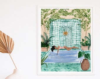 Poolside Siesta Art Print - Sabina Fenn Illustration - Marrakech Morocco Inspired Gouache Painting Wall Decor