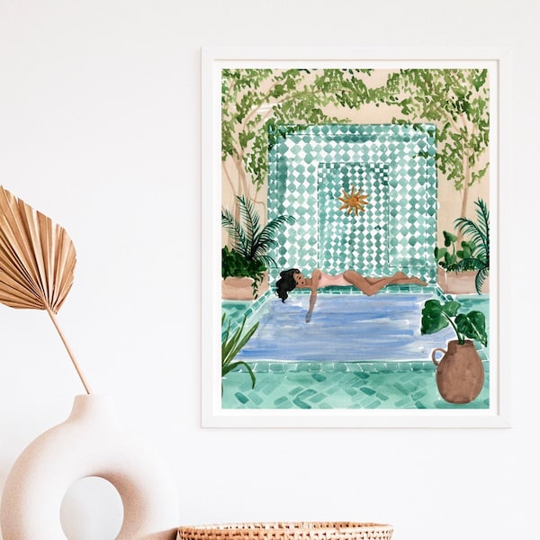 Poolside Siesta Art Print - Sabina Fenn Illustration - Marrakech Morocco Inspired Gouache Painting Wall Decor