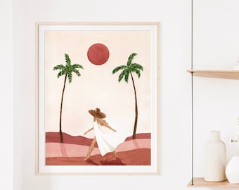 Mirage Art Print, Sunset Woman Watercolor Painting Wall Decor, Boho Wall Art Neutral, Palm Trees Pink and Red, Sabina Fenn Illustration