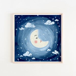 Lámina de luna durmiente, arte mural de cielo nocturno, láminas para habitación infantil, arte mural infantil, arte lunar, pintura lunar, póster de cielo y estrellas