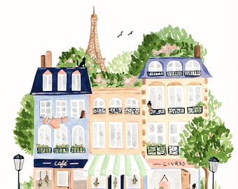 Instand Download Paris Art Print, People and Bicycles, Buildings, Cafe, Eiffel Tower, Watercolor Giclee Painting, Sabina Fenn