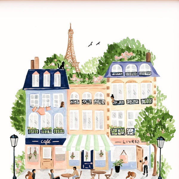 Instand Download Paris Art Print, People and Bicycles, Buildings, Cafe, Eiffel Tower, Watercolor Giclee Painting, Sabina Fenn