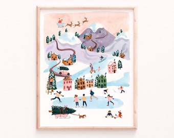Christmas Village Art Print - Sabina Fenn Illustration - Holiday Christmas Watercolor Gouache Painting - Wall Decor - Seasonal Art