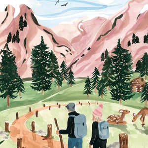 Wandern in den Bergen Kunstdruck, Aquarell Wandkunst, Wald Wanddekor, Reise Kunstwerk, Sabina Fenn Illustration