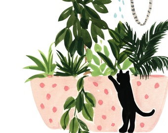 Instant Download Print | Botanical Art Print, Black Cat, Plant Bath, Watercolor Print, Watering plants, Garden, Boho Chic Wall Art